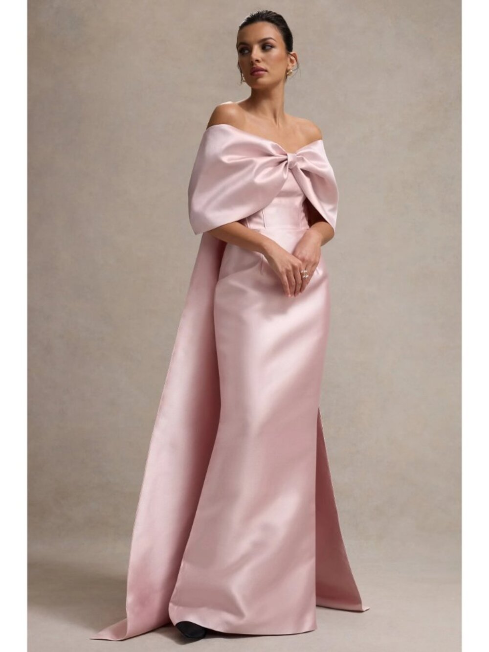 Club L London Wanting More Pink Satin Cape Bow Maxi Dress Gown Size 2